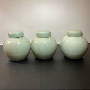 Vintage Celadon Green Blue Lidded Ginger Jar Lotus Flower Motifs Set of 3